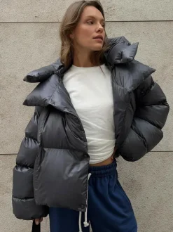 Puffer Coat Hooded Front Button Solid Color Oversized Winter Outerwear