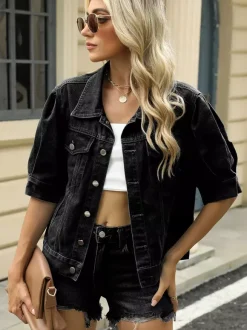 Puff Sleeve Denim Jacket For Women - Retro Half Sleeve Cropped Jean Trucker Coat - Summer Spring Streetwear 2026