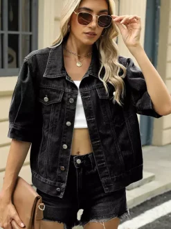 Puff Sleeve Denim Jacket For Women - Retro Half Sleeve Cropped Jean Trucker Coat - Summer Spring Streetwear 2026