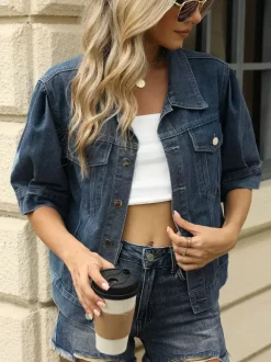 Puff Sleeve Denim Jacket For Women - Retro Half Sleeve Cropped Jean Trucker Coat - Summer Spring Streetwear 2026