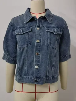 Puff Sleeve Denim Jacket For Women - Retro Half Sleeve Cropped Jean Trucker Coat - Summer Spring Streetwear 2026