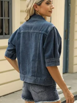 Puff Sleeve Denim Jacket For Women - Retro Half Sleeve Cropped Jean Trucker Coat - Summer Spring Streetwear 2026