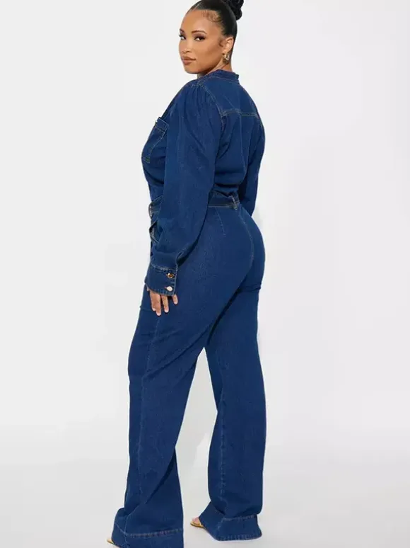 Puff Sleeve Denim Jumpsuit For Women - Dark Blue Retro Wide Leg Belted Button Front Romper - Spring Casual Party Wear 2026