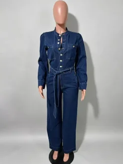 Puff Sleeve Denim Jumpsuit For Women - Dark Blue Retro Wide Leg Belted Button Front Romper - Spring Casual Party Wear 2026