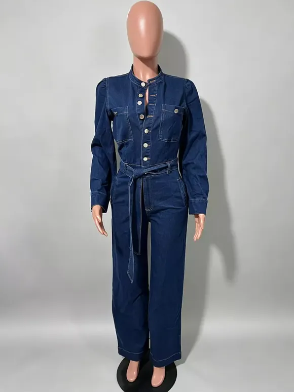 Puff Sleeve Denim Jumpsuit For Women - Dark Blue Retro Wide Leg Belted Button Front Romper - Spring Casual Party Wear 2026