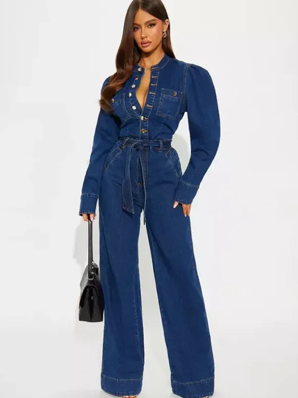 Puff Sleeve Denim Jumpsuit For Women - Dark Blue Retro Wide Leg Belted Button Front Romper - Spring Casual Party Wear 2026