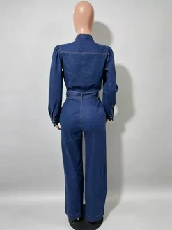 Puff Sleeve Denim Jumpsuit For Women - Dark Blue Retro Wide Leg Belted Button Front Romper - Spring Casual Party Wear 2026