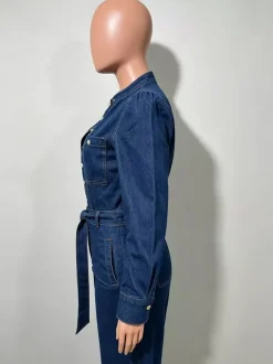 Puff Sleeve Denim Jumpsuit For Women - Dark Blue Retro Wide Leg Belted Button Front Romper - Spring Casual Party Wear 2026