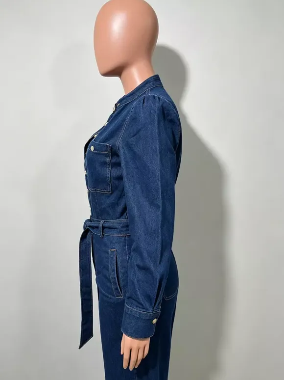 Puff Sleeve Denim Jumpsuit For Women - Dark Blue Retro Wide Leg Belted Button Front Romper - Spring Casual Party Wear 2026