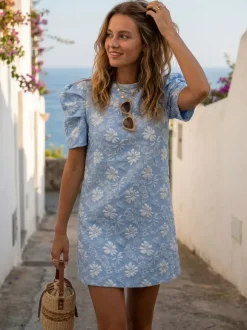Puff Sleeve Mini Shift Dress for Women - Floral Jacquard Crew Neck Sun Dress - Summer Beach Party 2026