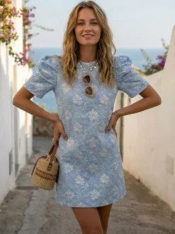 Puff Sleeve Mini Shift Dress for Women - Floral Jacquard Crew Neck Sun Dress - Summer Beach Party 2026