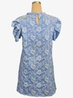 Puff Sleeve Mini Shift Dress for Women - Floral Jacquard Crew Neck Sun Dress - Summer Beach Party 2026