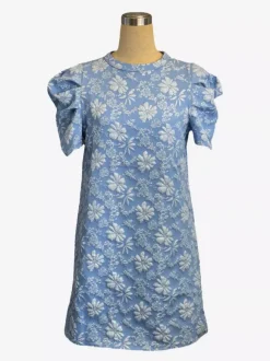 Puff Sleeve Mini Shift Dress for Women - Floral Jacquard Crew Neck Sun Dress - Summer Beach Party 2026