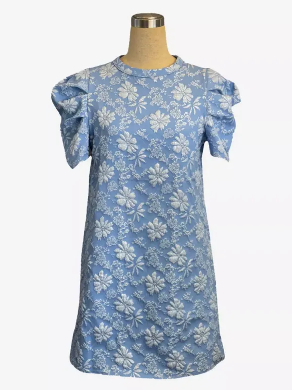 Puff Sleeve Mini Shift Dress for Women - Floral Jacquard Crew Neck Sun Dress - Summer Beach Party 2026