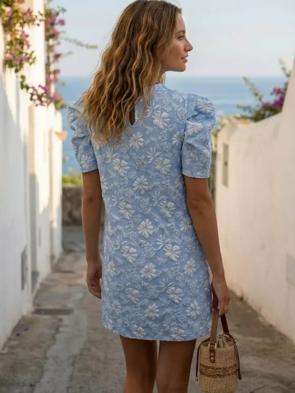 Puff Sleeve Mini Shift Dress for Women - Floral Jacquard Crew Neck Sun Dress - Summer Beach Party 2026