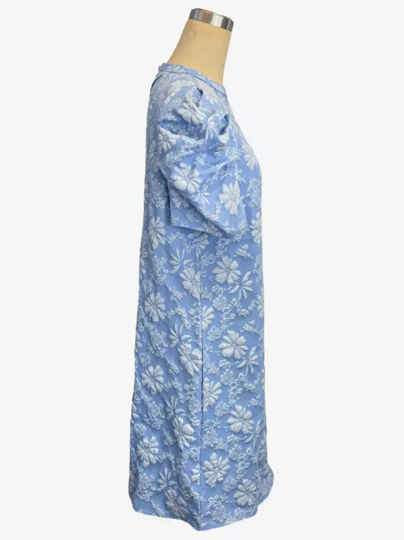 Puff Sleeve Mini Shift Dress for Women - Floral Jacquard Crew Neck Sun Dress - Summer Beach Party 2026