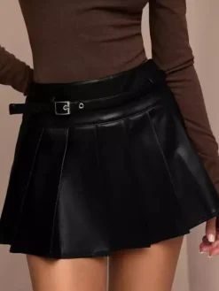 PU Leather Chic Short Pleated Skirt For Women 2026