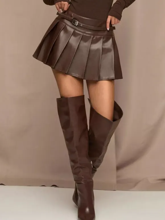 PU Leather Chic Short Pleated Skirt For Women 2026