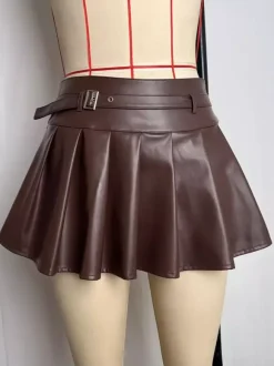 PU Leather Chic Short Pleated Skirt For Women 2026