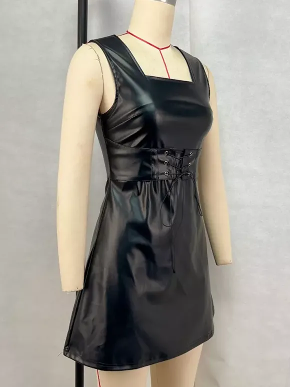 PU Leather Corset Dress Sleeveless Square Neck Sexy Short Club Dress For Women 2026