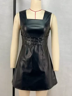 PU Leather Corset Dress Sleeveless Square Neck Sexy Short Club Dress For Women 2026