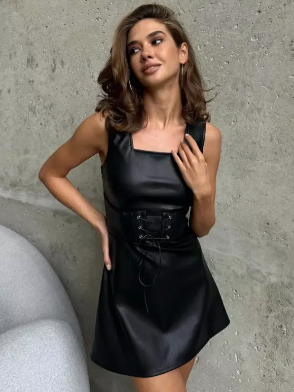PU Leather Corset Dress Sleeveless Square Neck Sexy Short Club Dress For Women 2026