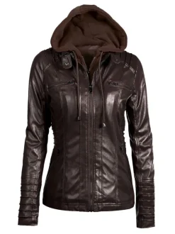 PU Leather Jacket Hooded Spring Outerwear For Women 2026