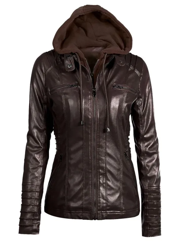PU Leather Jacket Hooded Spring Outerwear For Women 2026