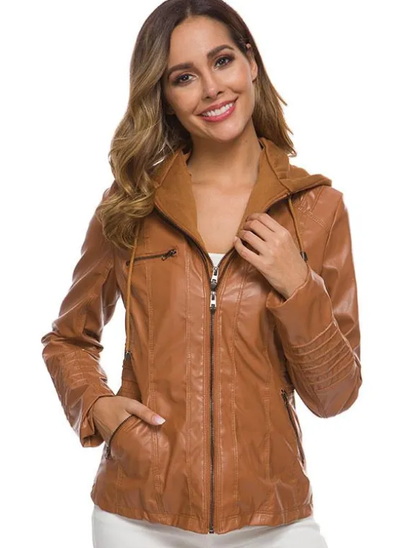 PU Leather Jacket Hooded Spring Outerwear For Women 2026