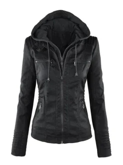 PU Leather Jacket Hooded Spring Outerwear For Women 2026