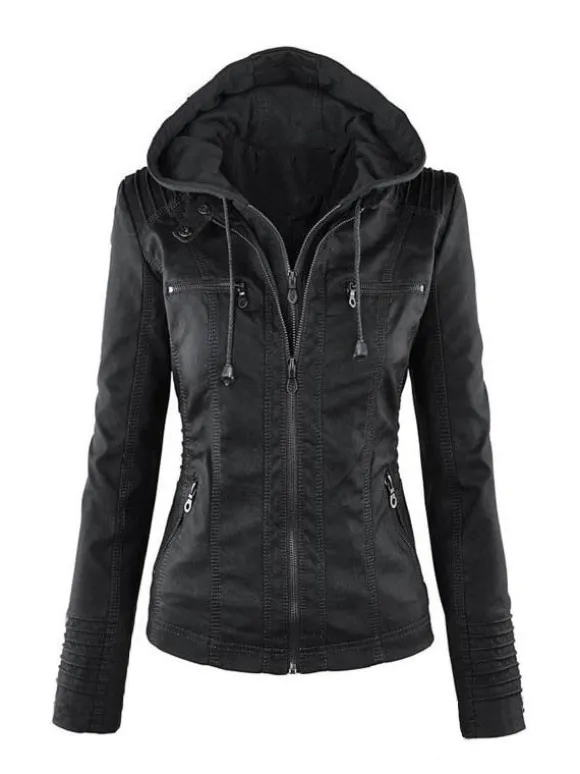 PU Leather Jacket Hooded Spring Outerwear For Women 2026
