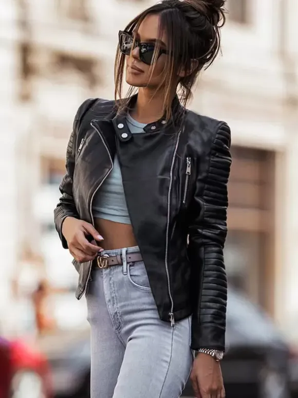 PU Leather Jacket Shoulder Pads Zipper Short Fall Spring Outerwear