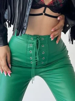 PU Leather Pants Drawstring Raised Waist Trousers For Women