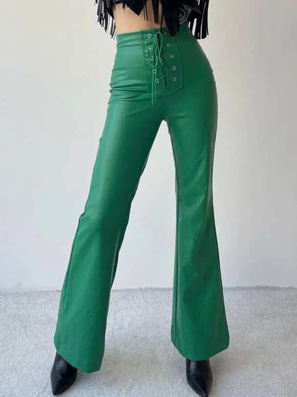 PU Leather Pants Drawstring Raised Waist Trousers For Women