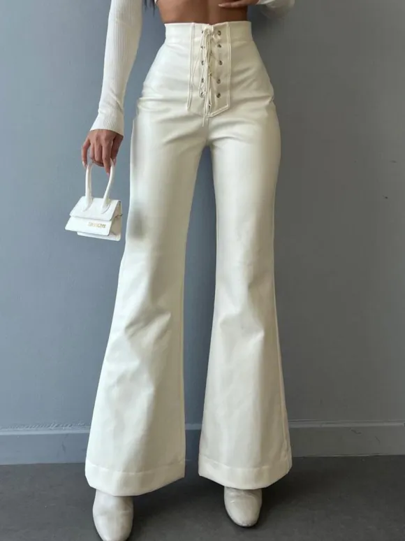 PU Leather Pants Drawstring Raised Waist Trousers For Women