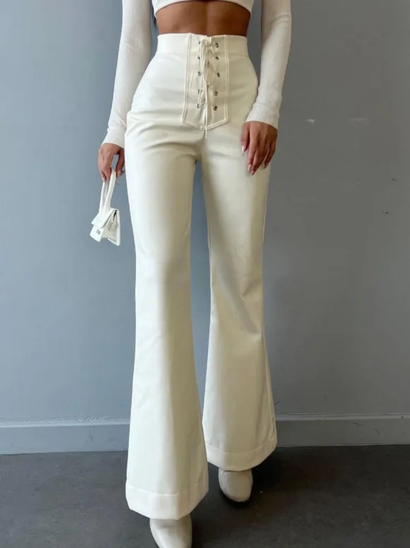 PU Leather Pants Drawstring Raised Waist Trousers For Women