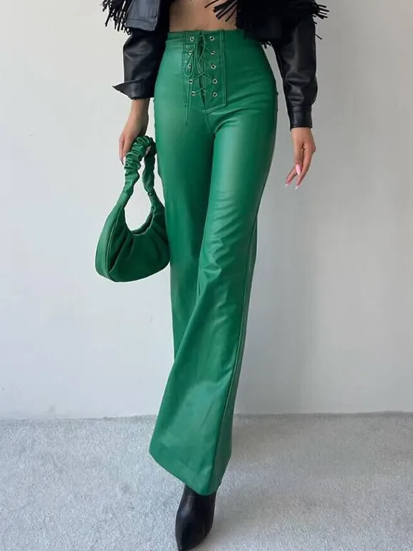 PU Leather Pants Drawstring Raised Waist Trousers For Women