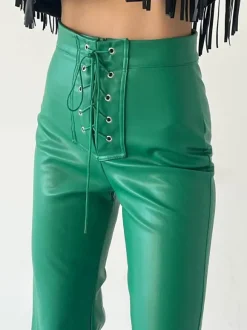 PU Leather Pants Drawstring Raised Waist Trousers For Women