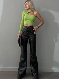PU Leather Pants Drawstring Raised Waist Trousers For Women