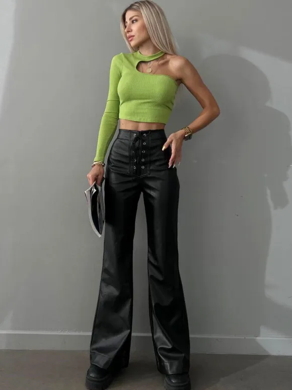 PU Leather Pants Drawstring Raised Waist Trousers For Women