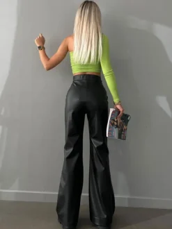 PU Leather Pants Drawstring Raised Waist Trousers For Women