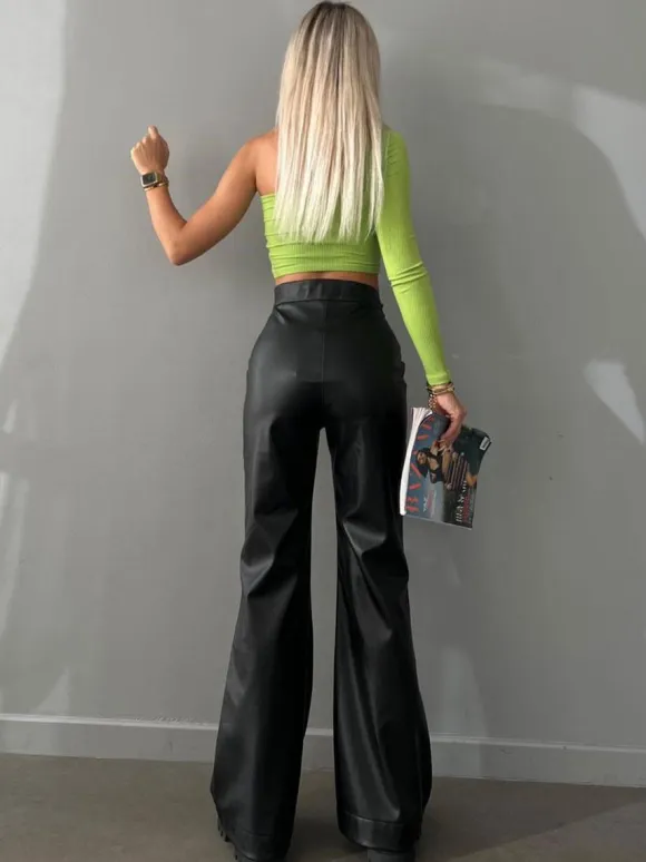 PU Leather Pants Drawstring Raised Waist Trousers For Women