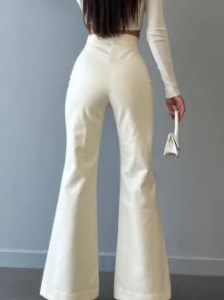 PU Leather Pants Drawstring Raised Waist Trousers For Women