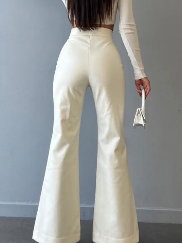 PU Leather Pants Drawstring Raised Waist Trousers For Women