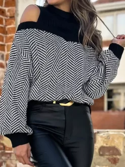 Pullovers For Women Black Color Block Jewel Neck Long Sleeves Open Shoulder Acrylic Sweaters