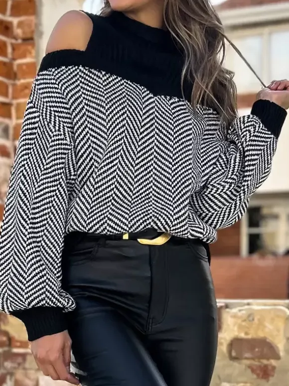 Pullovers For Women Black Color Block Jewel Neck Long Sleeves Open Shoulder Acrylic Sweaters