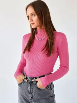 Pullovers Tops For Women Gray High Collar Long Sleeves Sweaters