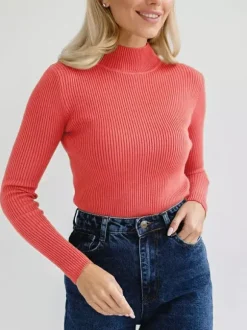 Pullovers Tops For Women Gray High Collar Long Sleeves Sweaters