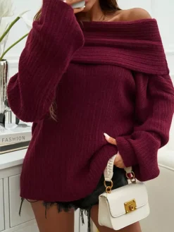 Pullovers For Women Burgundy Bateau Neck Long Sleeves Acrylic Sweaters