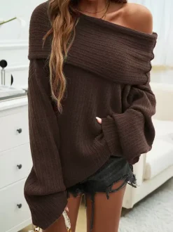 Pullovers For Women Burgundy Bateau Neck Long Sleeves Acrylic Sweaters